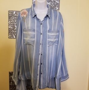 Striped & Embroidered Oversized Button Down Top Size L